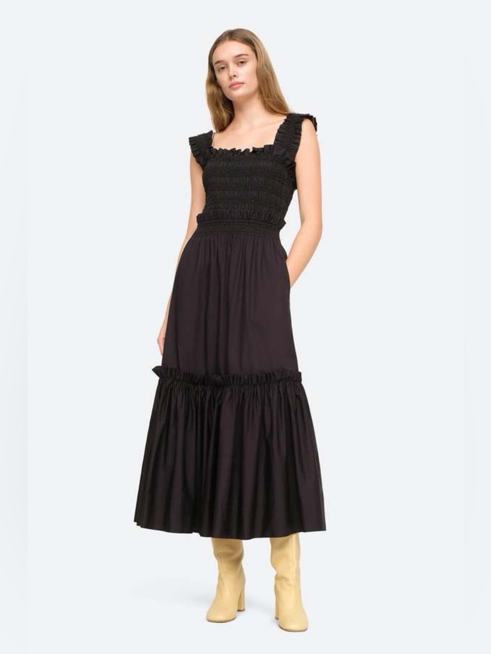 Sea NY Phoebe Black Smocked Midi Dress - size XS - Cotton